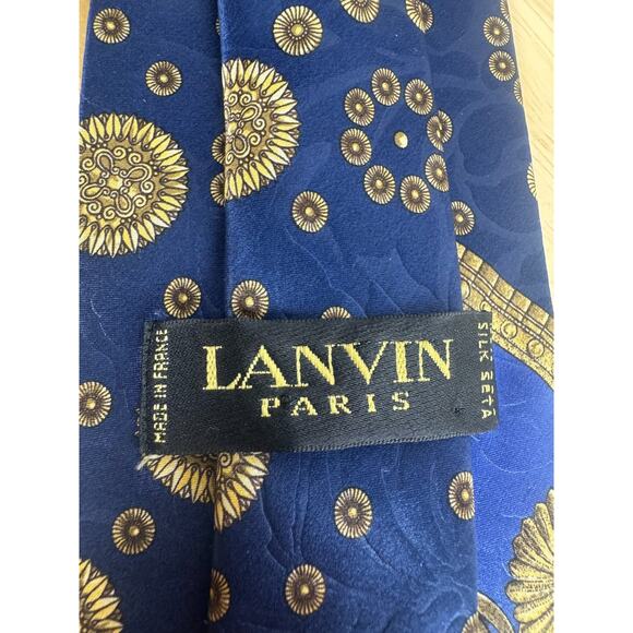 LANVIN Men's Designer Paris Made in France Gold Blue Bird Silk Tie - Picture 6 of 6